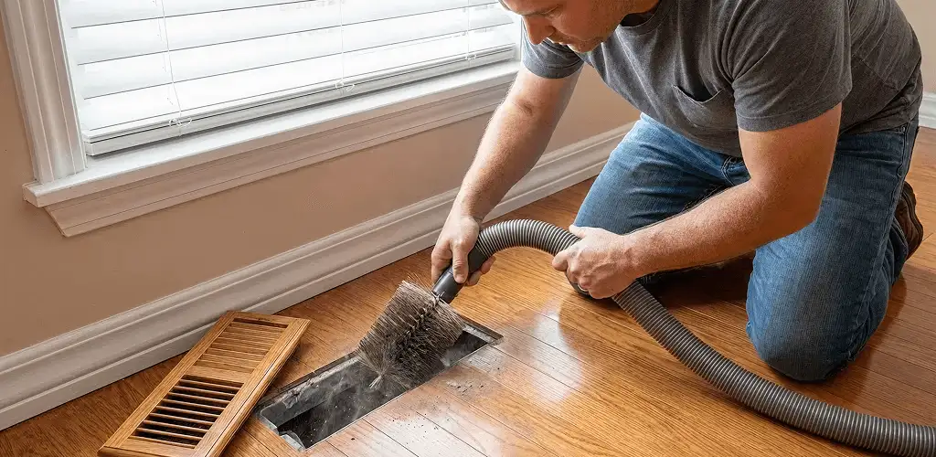 Air duct cleaning technician vacuuming a floor vent and duct opening in Colorado Springs, CO