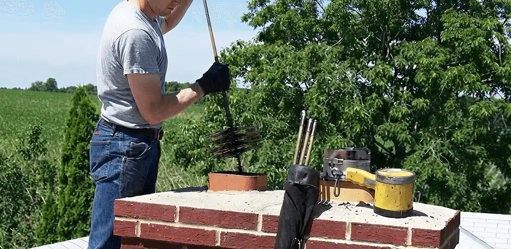 Chimney cleaning technician working on a rooftop chimney with professional tools in Colorado Springs, CO