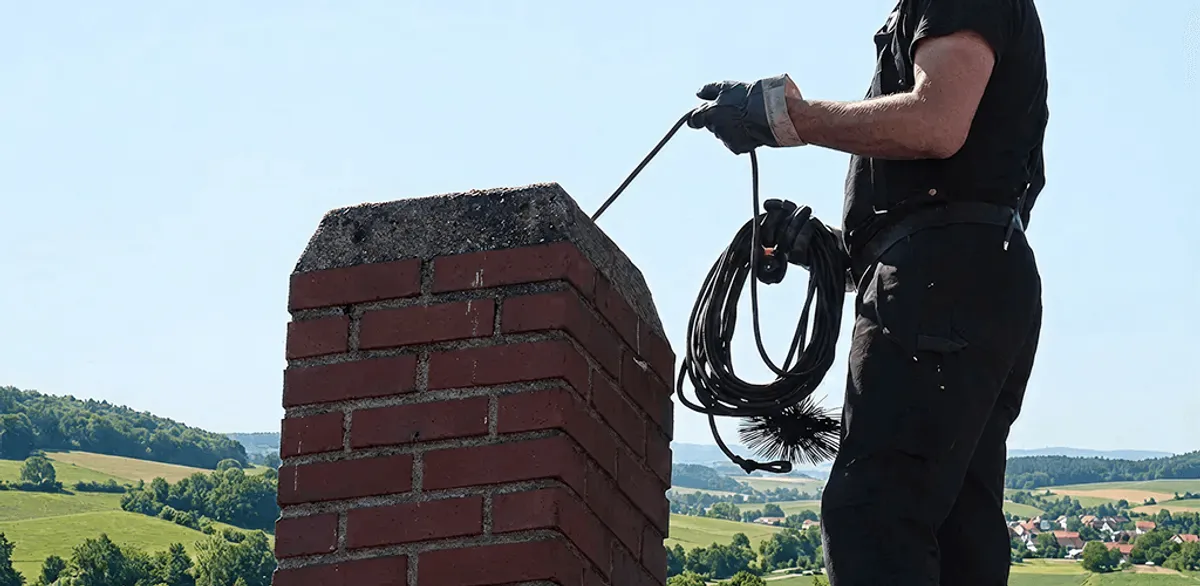 Chimney sweep inspecting and cleaning a rooftop chimney in Colorado Springs, CO