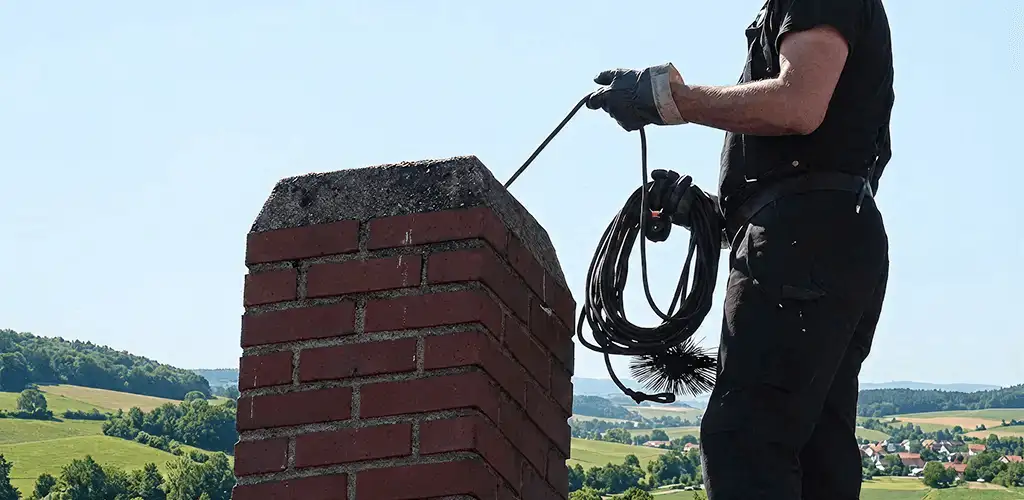 Chimney sweep inspecting and cleaning a rooftop chimney in Colorado Springs, CO