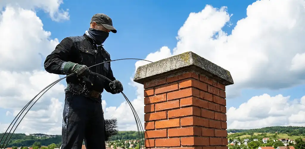 Chimney sweep cleaning a brick chimney with professional tools in Colorado Springs, CO