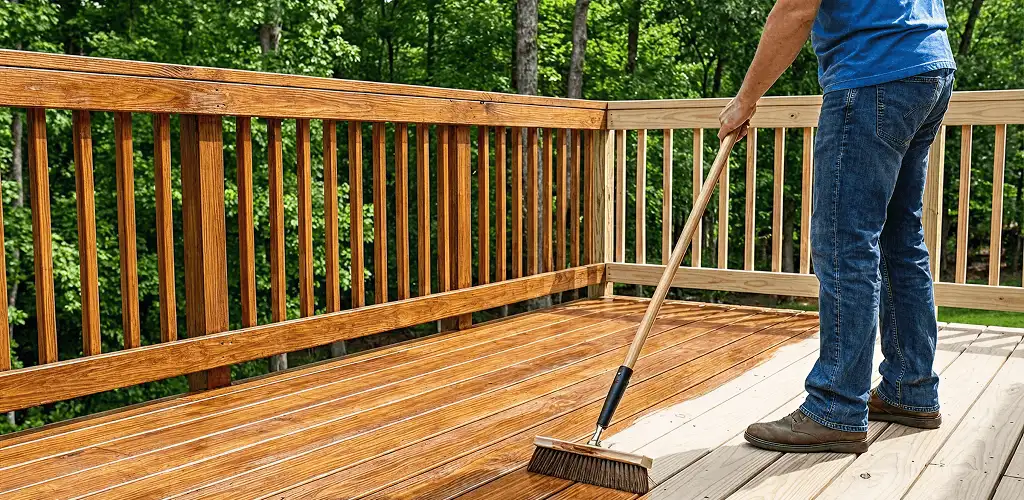 Deck staining and sealing application on a wood deck in Colorado Springs, CO