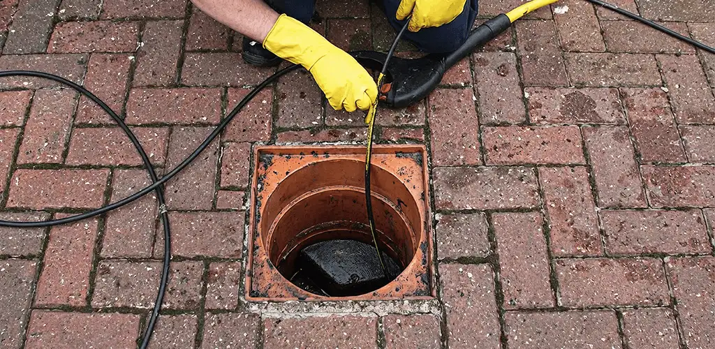 Drain cleaning technician using a drain snake to clear a clogged drain in Colorado Springs, CO