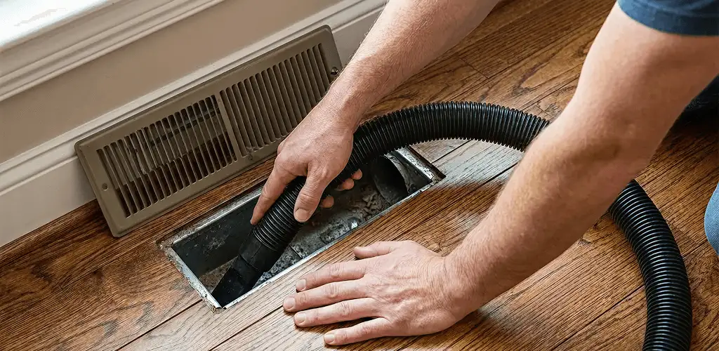 Air duct cleaning technician vacuuming a floor register and duct opening in Colorado Springs, CO