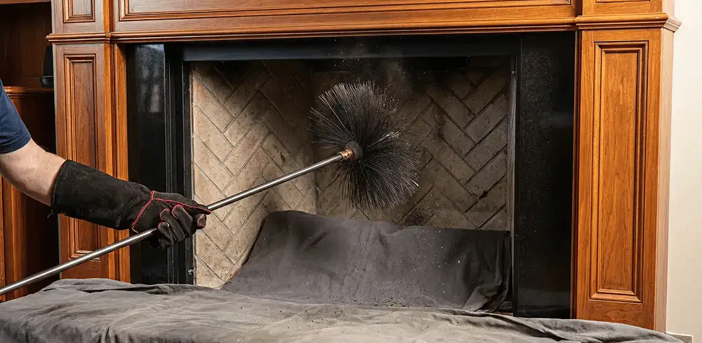 Chimney cleaning service brushing soot from a fireplace and flue in Colorado Springs, CO