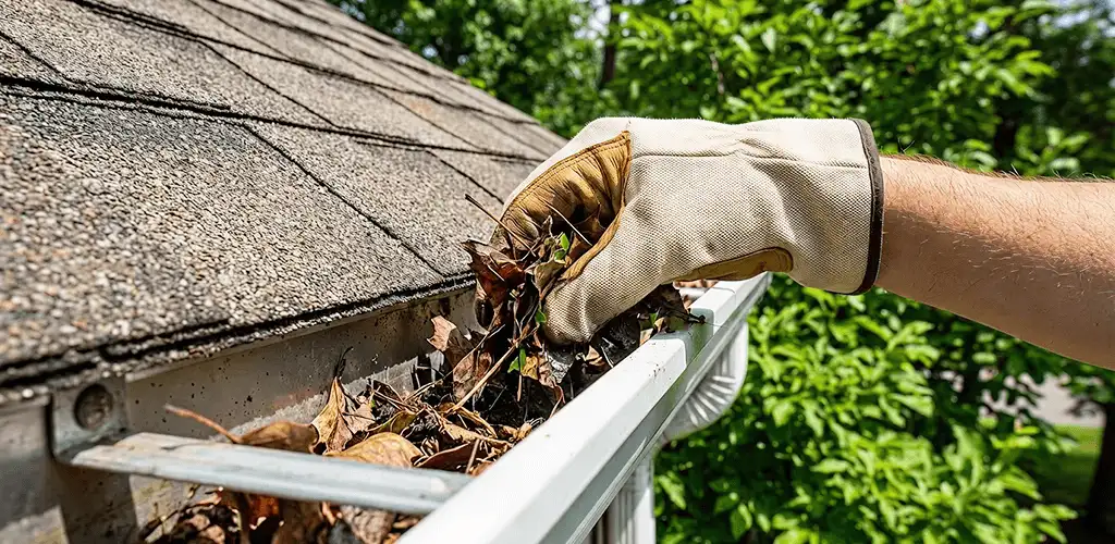 Gutter cleaning removing leaves and debris from roof gutters in Colorado Springs, CO