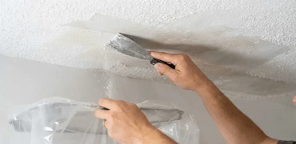 Popcorn ceiling removal technician scraping texture from a ceiling in Colorado Springs, CO