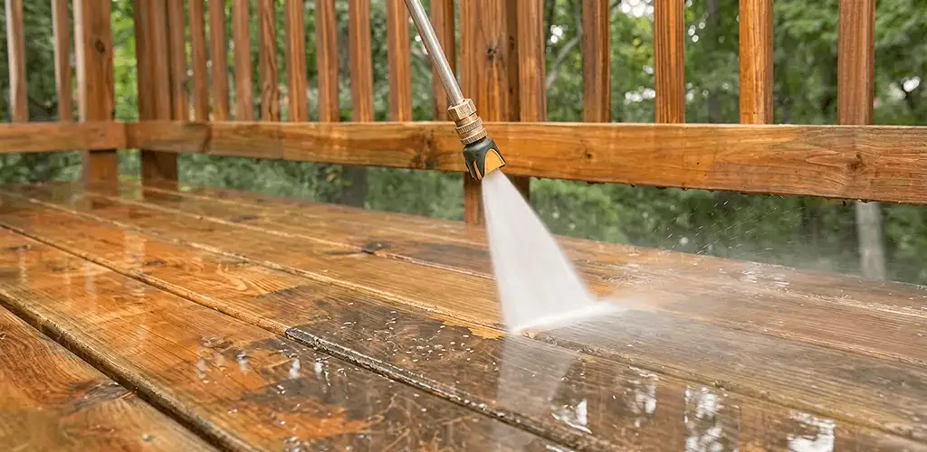 Pressure washing a wood deck to remove dirt and buildup in Colorado Springs, CO