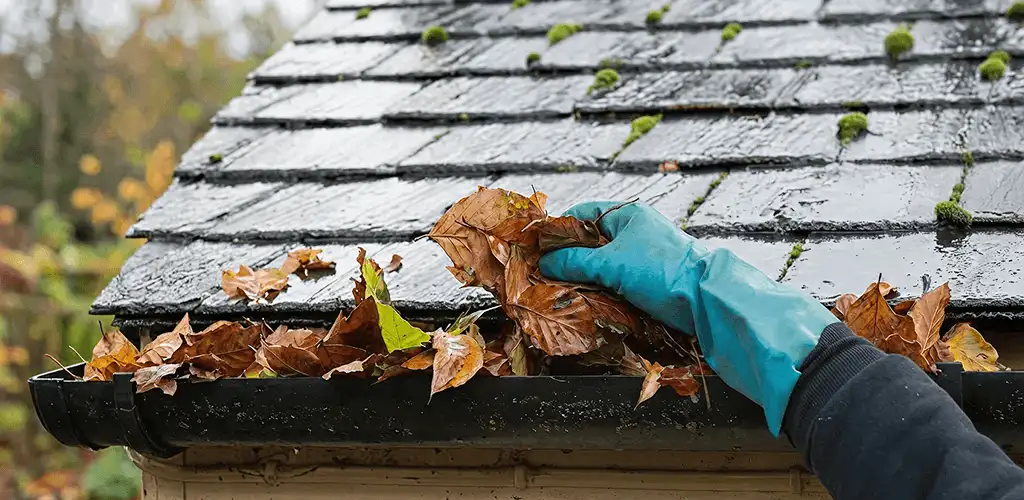 Gutter cleaning technician clearing wet leaves from roof gutters in Colorado Springs, CO