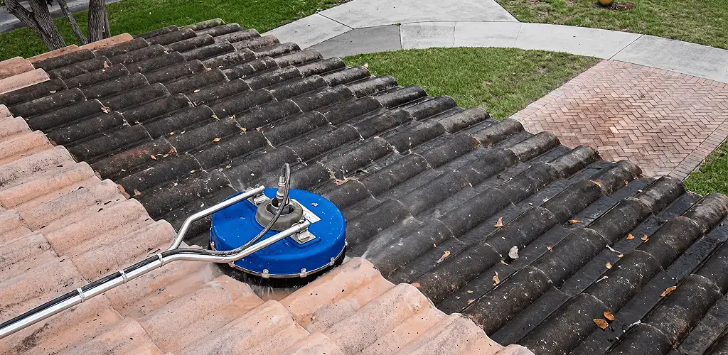Roof pressure cleaning removing debris and buildup from roof tiles in Colorado Springs, CO