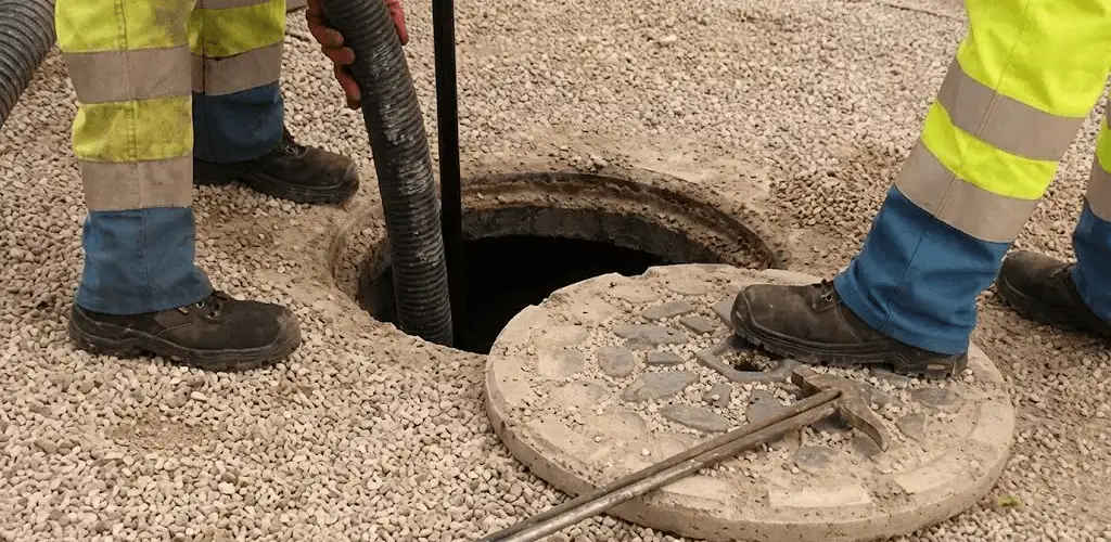 Drain cleaning crew clearing a sewer access point with professional equipment in Colorado Springs, CO