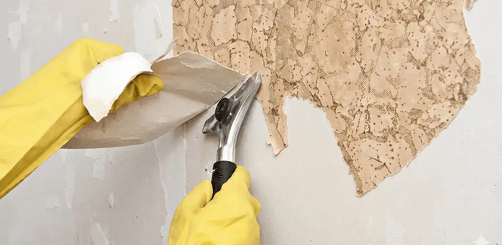 Wallpaper removal service stripping old wallpaper from a wall in Colorado Springs, CO