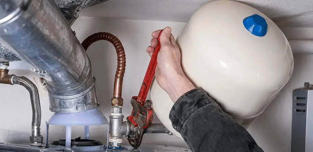 Water heater repair technician tightening plumbing connections near a tank unit in Colorado Springs, CO